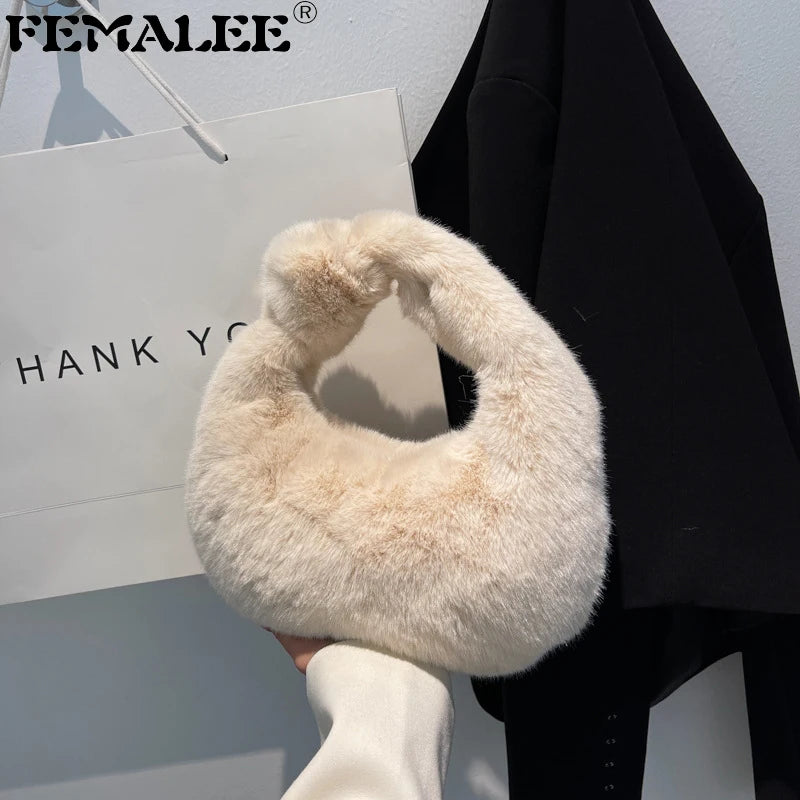 Winter Faux Fur Teddy Plush Half Moon Handbag