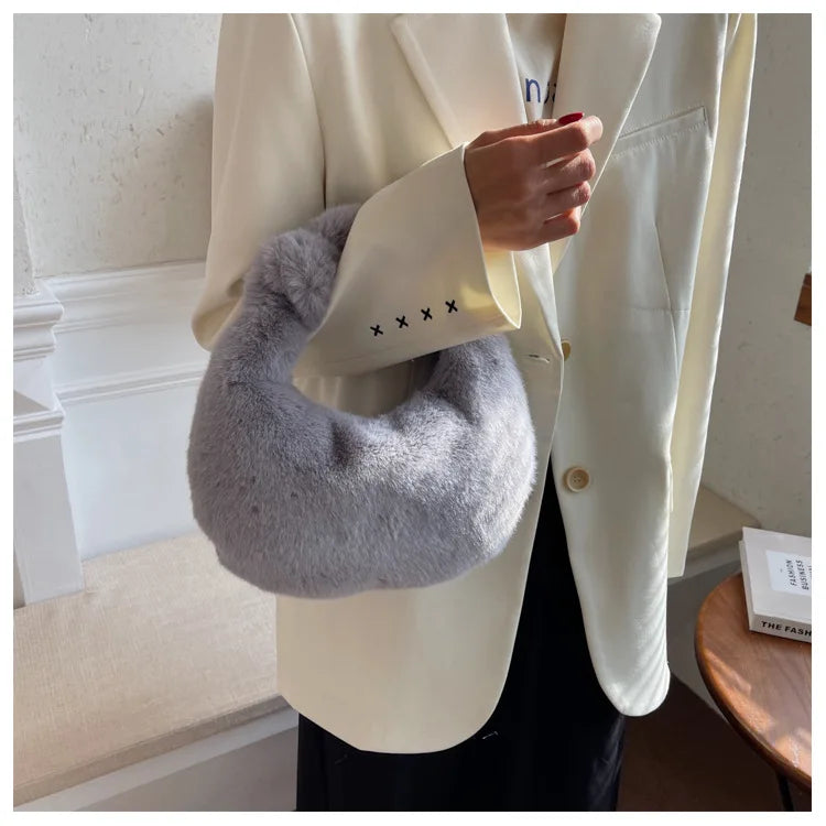 Winter Faux Fur Teddy Plush Half Moon Handbag