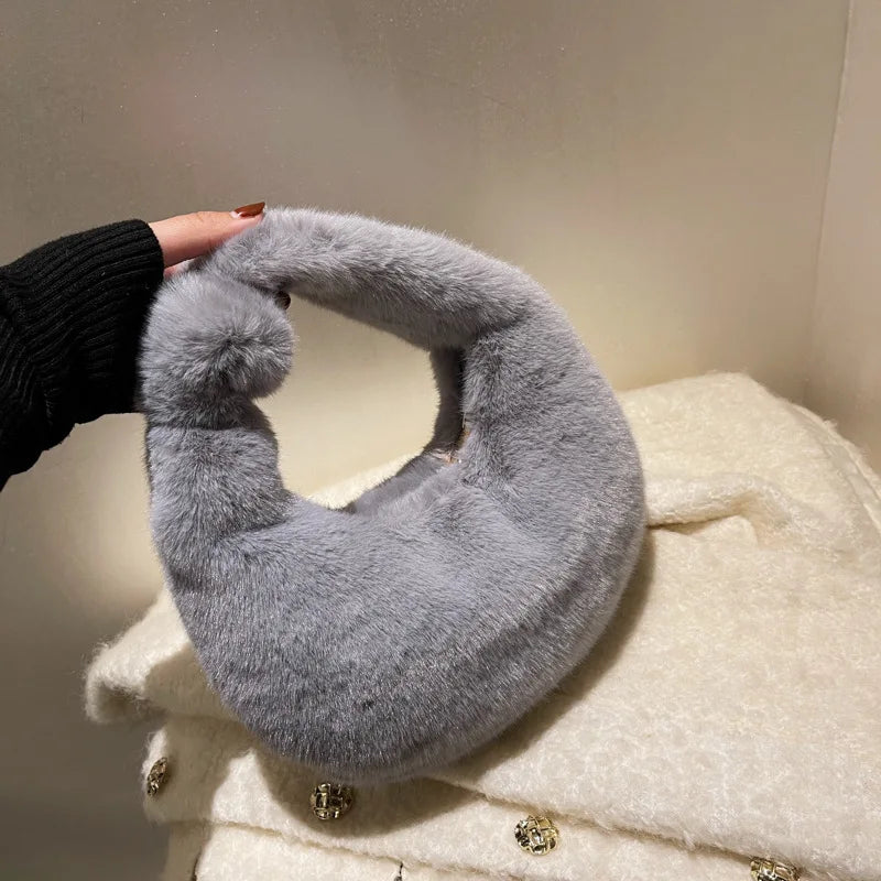 Winter Faux Fur Teddy Plush Half Moon Handbag