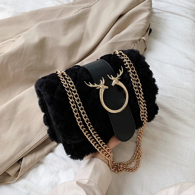 Winter Soft Fur Women Handbag Deer Lock Chain Plush Shoulder Messenger Crossbody