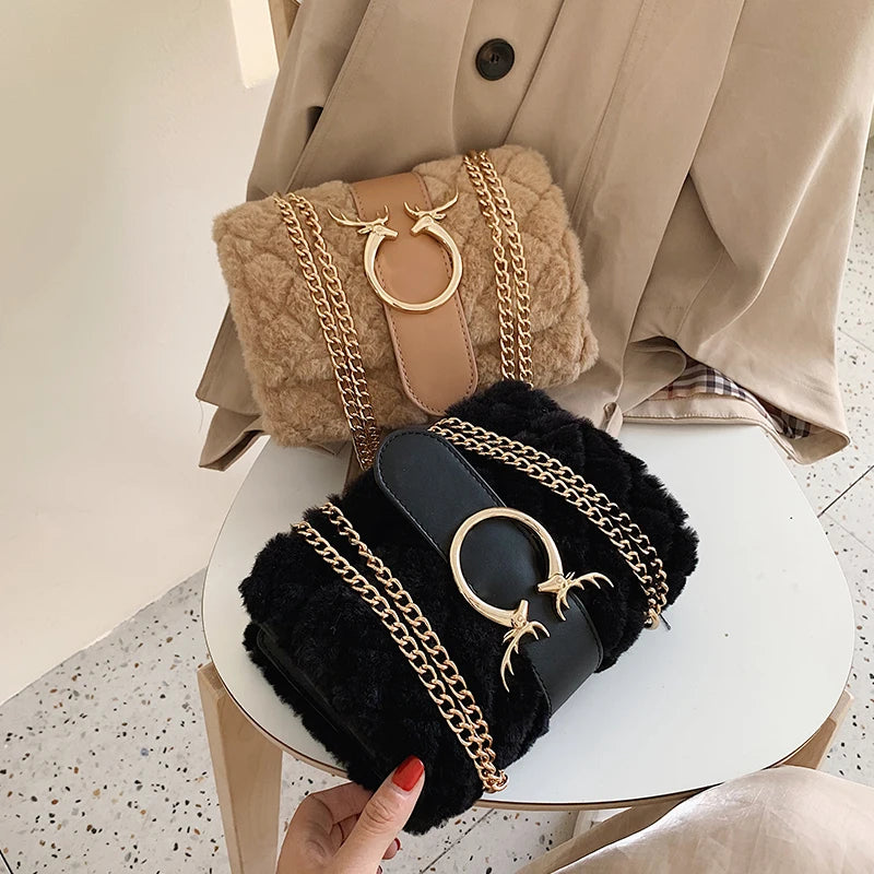 Winter Soft Fur Women Handbag Deer Lock Chain Plush Shoulder Messenger Crossbody