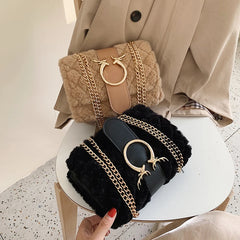 Winter Soft Fur Women Handbag Deer Lock Chain Plush Shoulder Messenger Crossbody