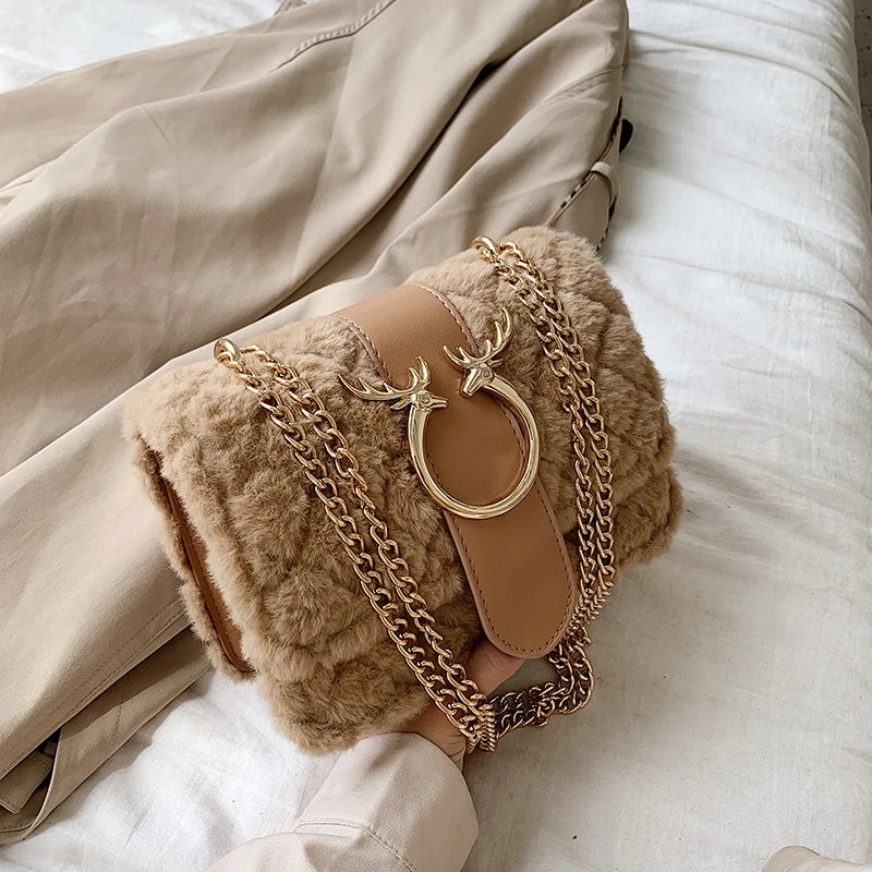 Winter Soft Fur Women Handbag Deer Lock Chain Plush Shoulder Messenger Crossbody