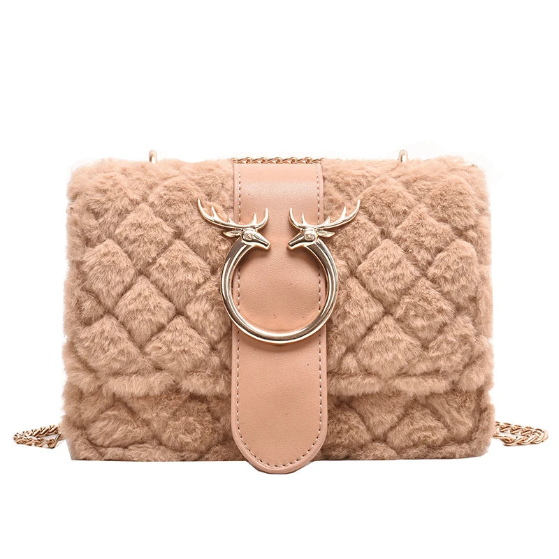 Winter Soft Fur Women Handbag Deer Lock Chain Plush Shoulder Messenger Crossbody