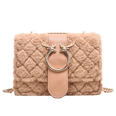 Winter Soft Fur Women Handbag Deer Lock Chain Plush Shoulder Messenger Crossbody