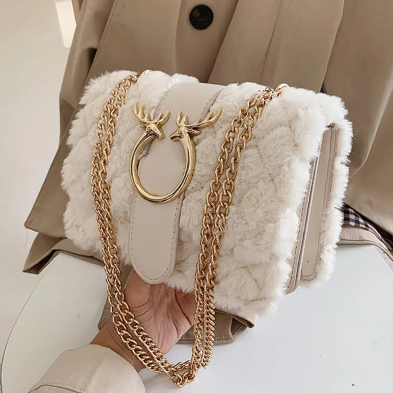 Winter Soft Fur Women Handbag Deer Lock Chain Plush Shoulder Messenger Crossbody