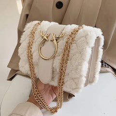 Winter Soft Fur Women Handbag Deer Lock Chain Plush Shoulder Messenger Crossbody