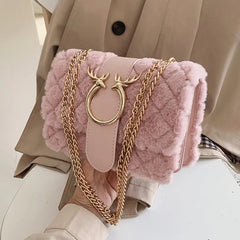 Winter Soft Fur Women Handbag Deer Lock Chain Plush Shoulder Messenger Crossbody