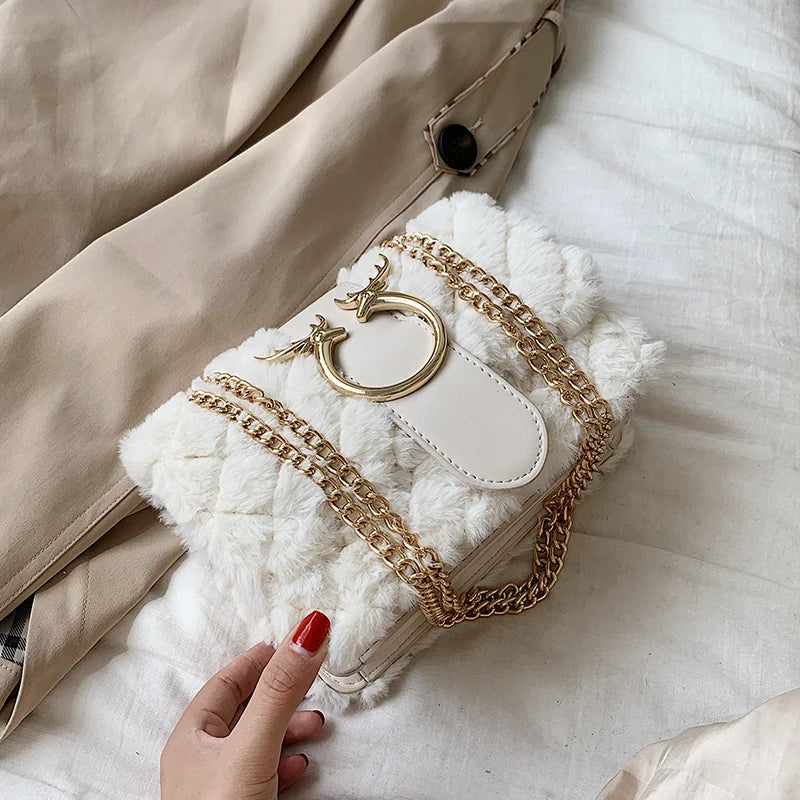 Winter Soft Fur Women Handbag Deer Lock Chain Plush Shoulder Messenger Crossbody