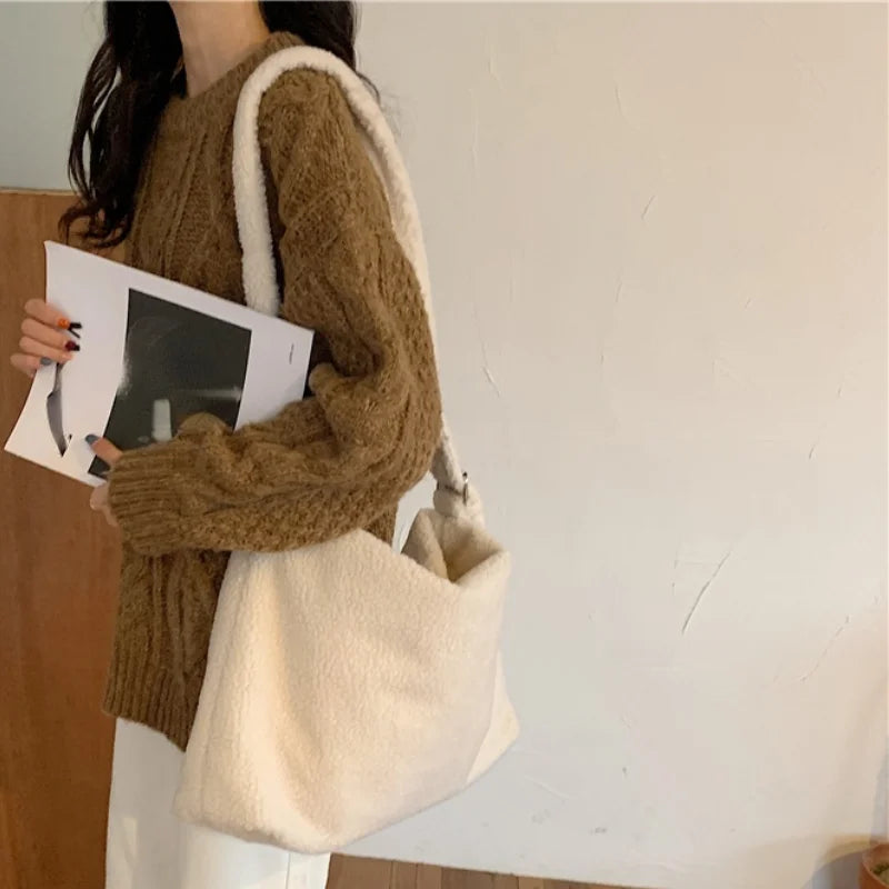 Winter Soft Lamb Faux Fur Ladies Shoulder Bag Large Capacity Female Casual