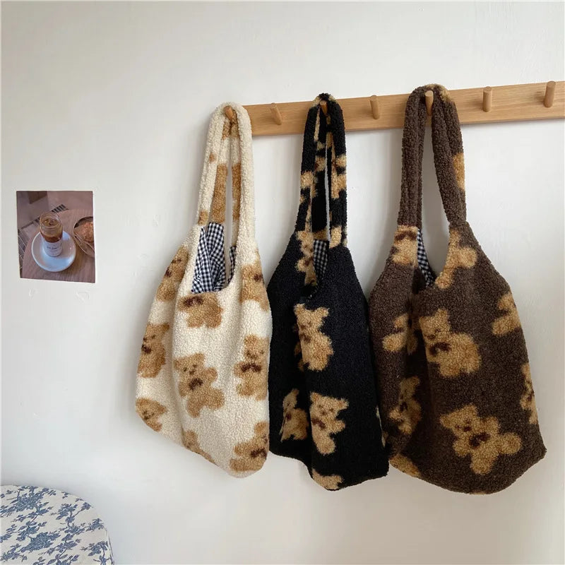 Winter Plush Bear Handbag for Women Large Capacity Youth Girl