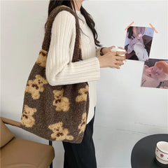Winter Plush Bear Handbag for Women Large Capacity Youth Girl