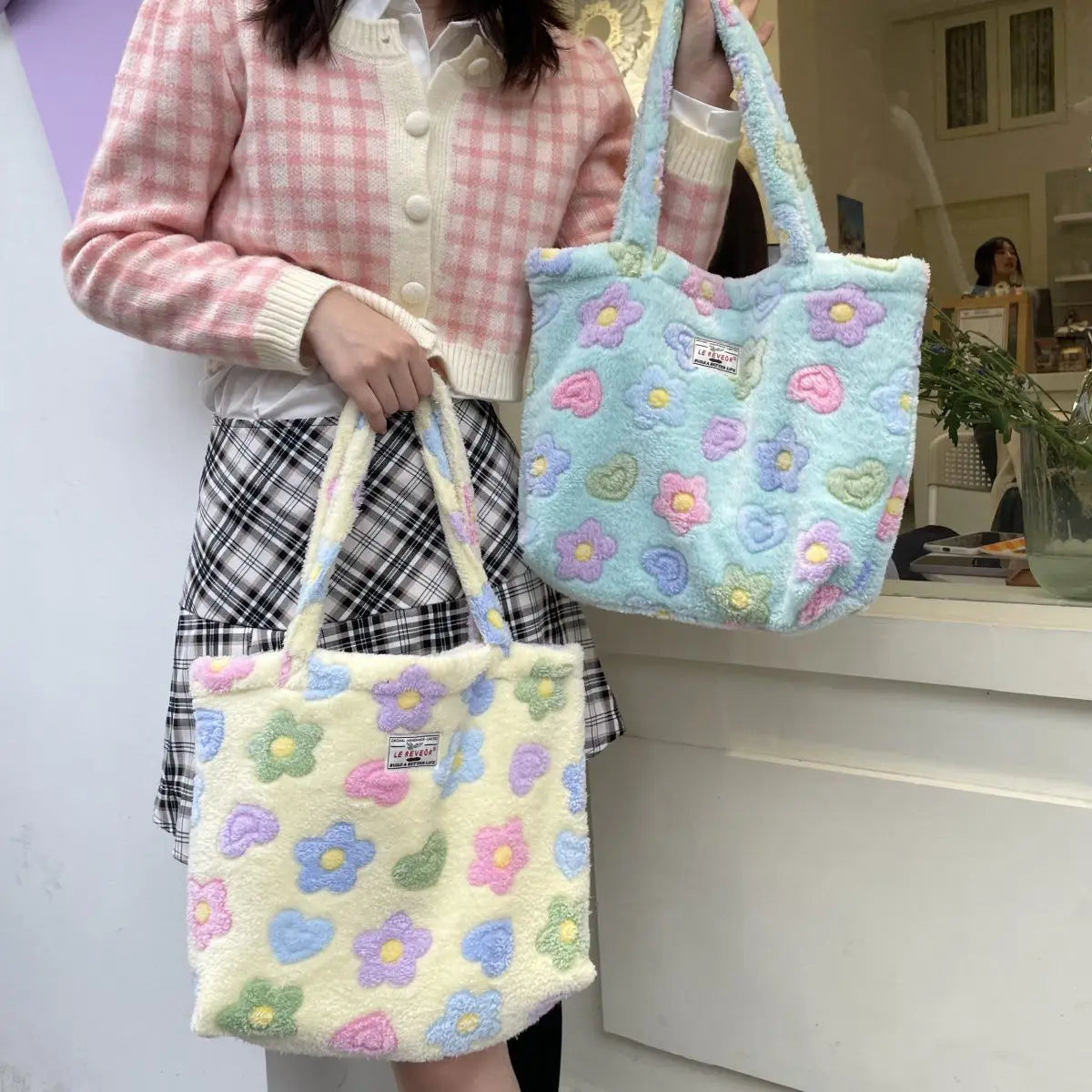 Floral Shoulder Bag Women Faux Fur Tote Large Capacity Handbag