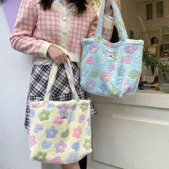 Winter Soft Plush Girls Floral Shoulder Bag Flower Women Faux Fur Casual Tote Ba