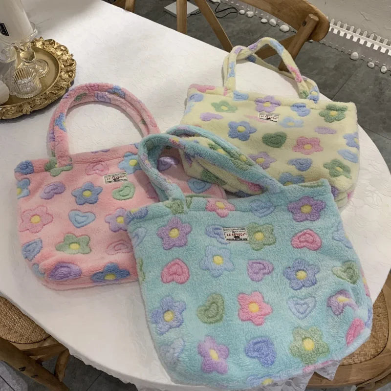 Floral Shoulder Bag Women Faux Fur Tote Large Capacity Handbag