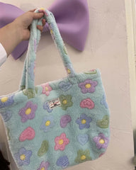 Floral Shoulder Bag Women Faux Fur Tote Large Capacity Handbag