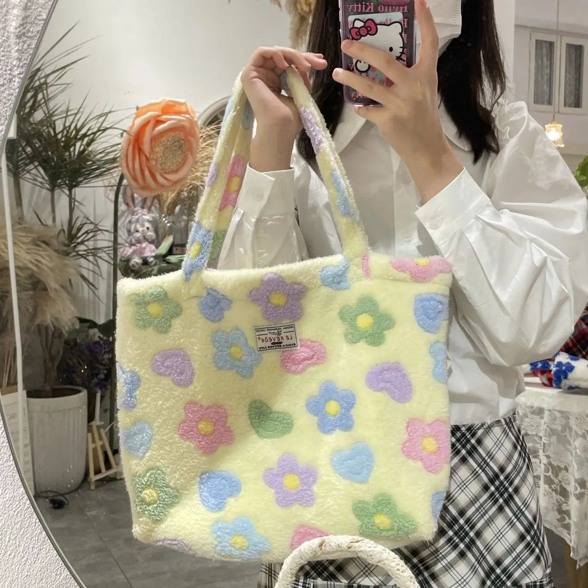 Floral Shoulder Bag Women Faux Fur Tote Large Capacity Handbag