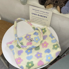Winter Soft Plush Girls Floral Shoulder Bag Flower Women Faux Fur Casual Tote Ba