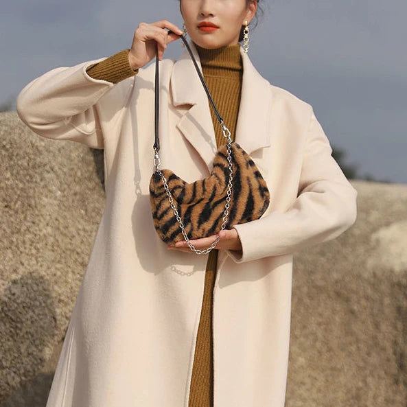 Soft Plush Leopard Print Women Shoulder Bag Vintage Female Tote Purse Handbags