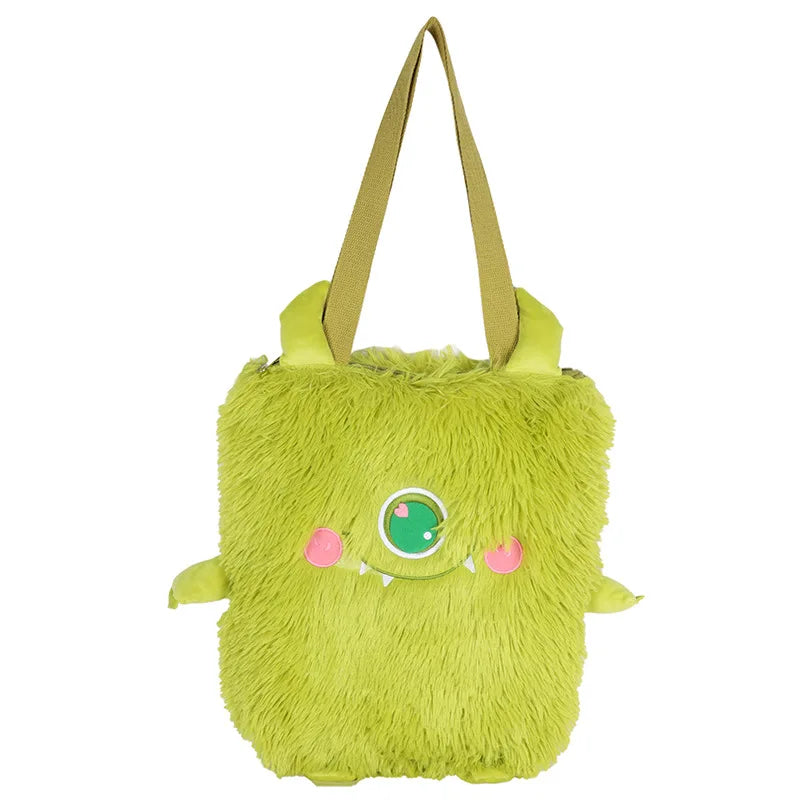 Winter Soft Plush Shoulder Bag Little Monster Embroidery Handbag Faux Fur