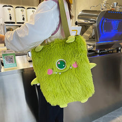 Winter Soft Plush Shoulder Bag Little Monster Embroidery Handbag Faux Fur