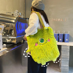 Winter Soft Plush Shoulder Bag Little Monster Embroidery Handbag Faux Fur
