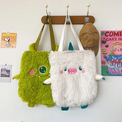 Winter Soft Plush Shoulder Bag Little Monster Embroidery Handbag Faux Fur