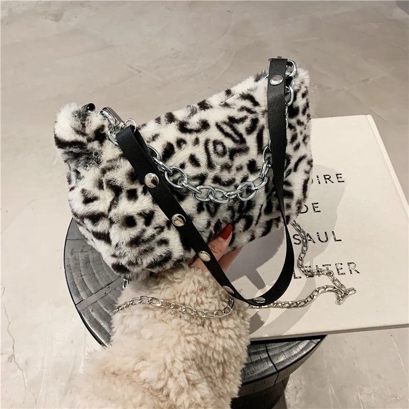 Winter Soft Plush Women Shoulder Crossbody Bag Leopard Small Purse
