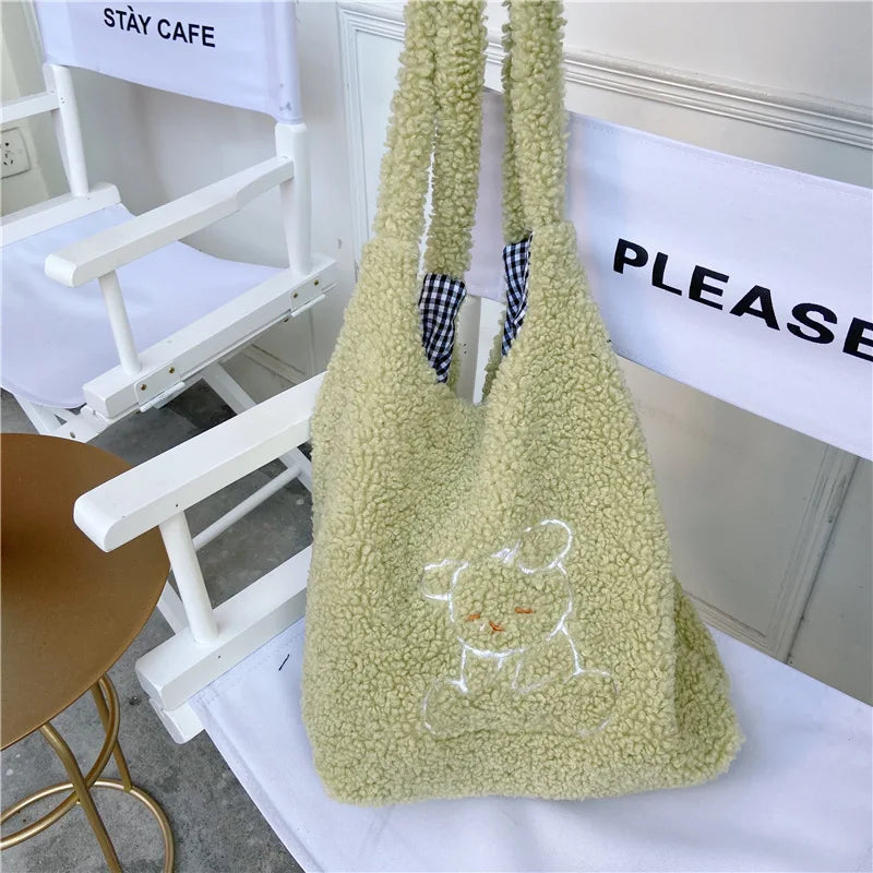 Winter Soft Plush Women Shoulder Vest Bag Student Female Embroidered
