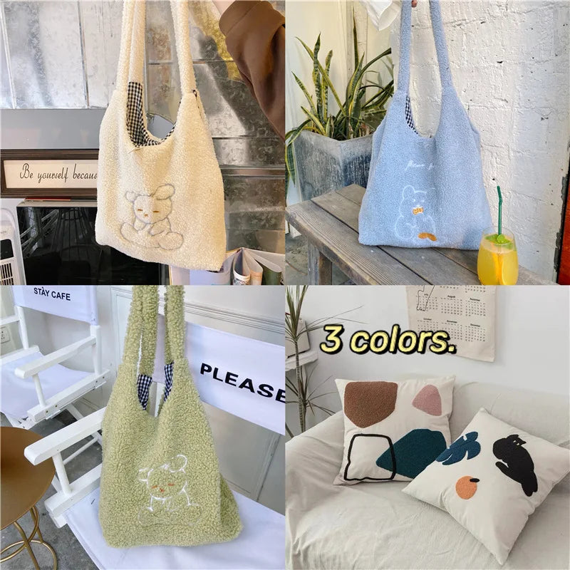 Winter Soft Plush Women Shoulder Vest Bag Student Female Embroidered