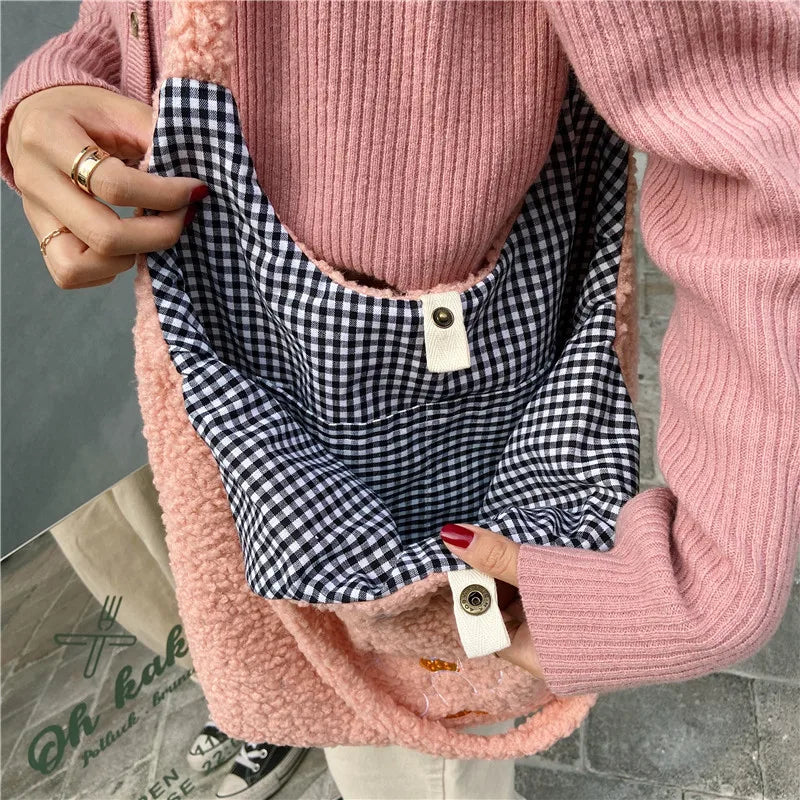 Winter Soft Plush Women Shoulder Vest Bag Student Female Embroidered