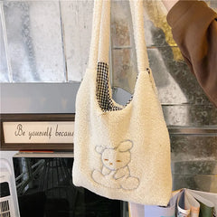Winter Soft Plush Women Shoulder Vest Bag Student Female Embroidered