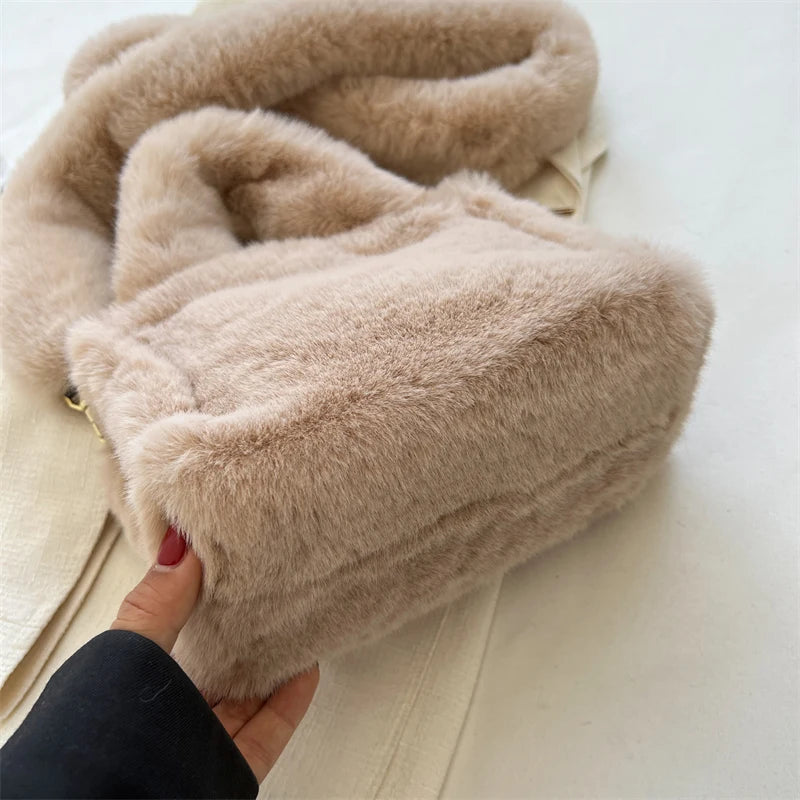 Winter Faux Fur Tote Bag Soft Plush Handbag Warm Shoulder Crossbody Women