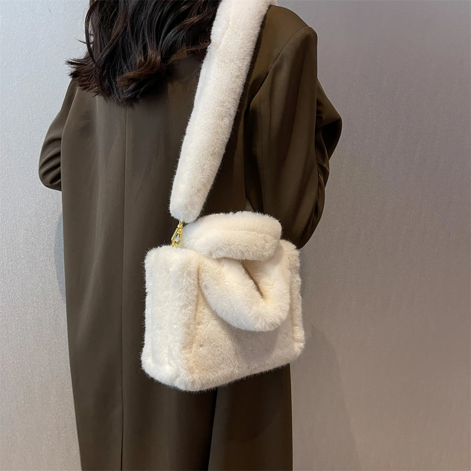 Winter Faux Fur Tote Bag Soft Plush Handbag Warm Shoulder Crossbody Women