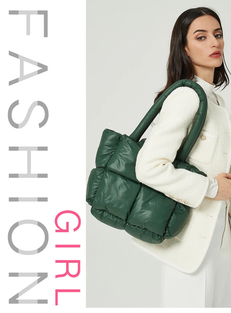 Winter Space Down Cotton Handbag Large Tote Soft Padded Shoulder Bags for Women