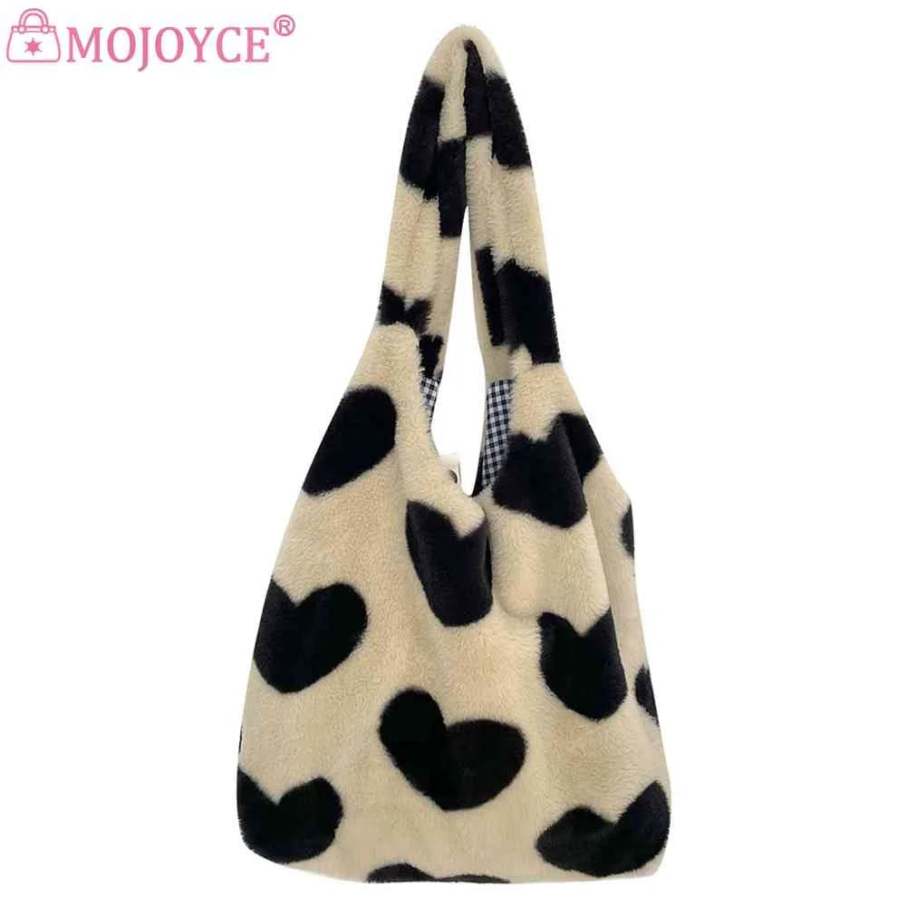 Winter Top-handle Bags Large Capacity Soft Plush Shopping Bag Love Heart Fluffy