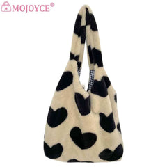 Winter Top-handle Bags Large Capacity Soft Plush Shopping Bag Love Heart Fluffy