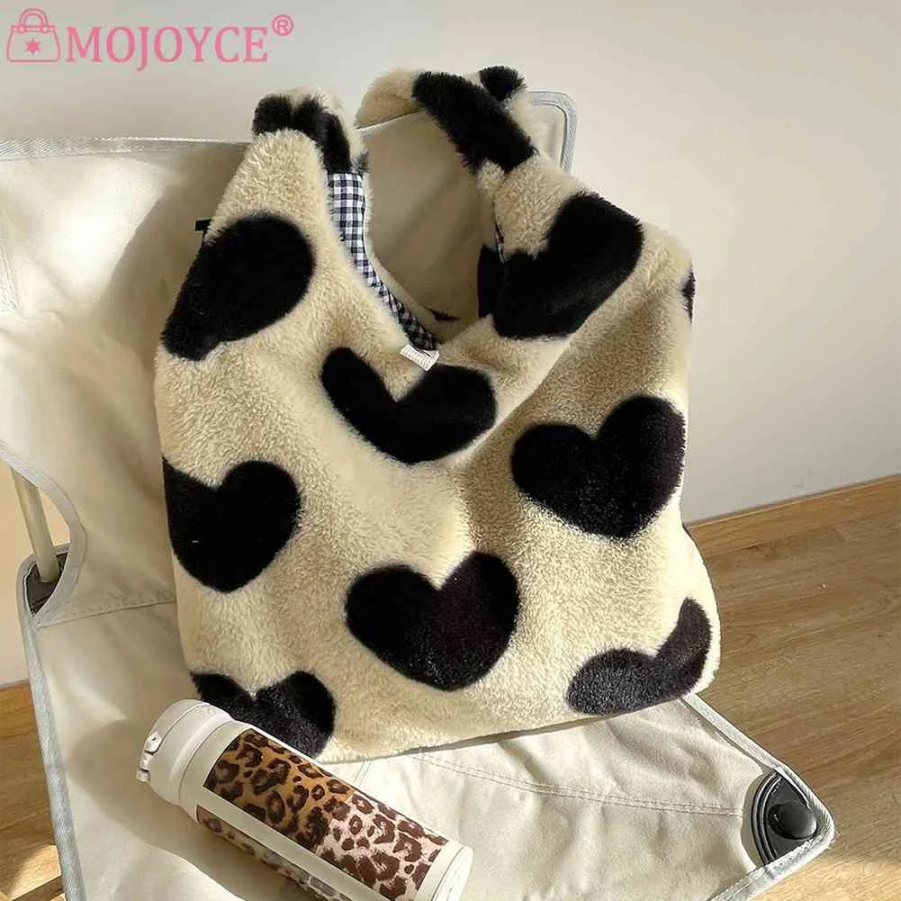 Winter Top-handle Bags Large Capacity Soft Plush Shopping Bag Love Heart Fluffy