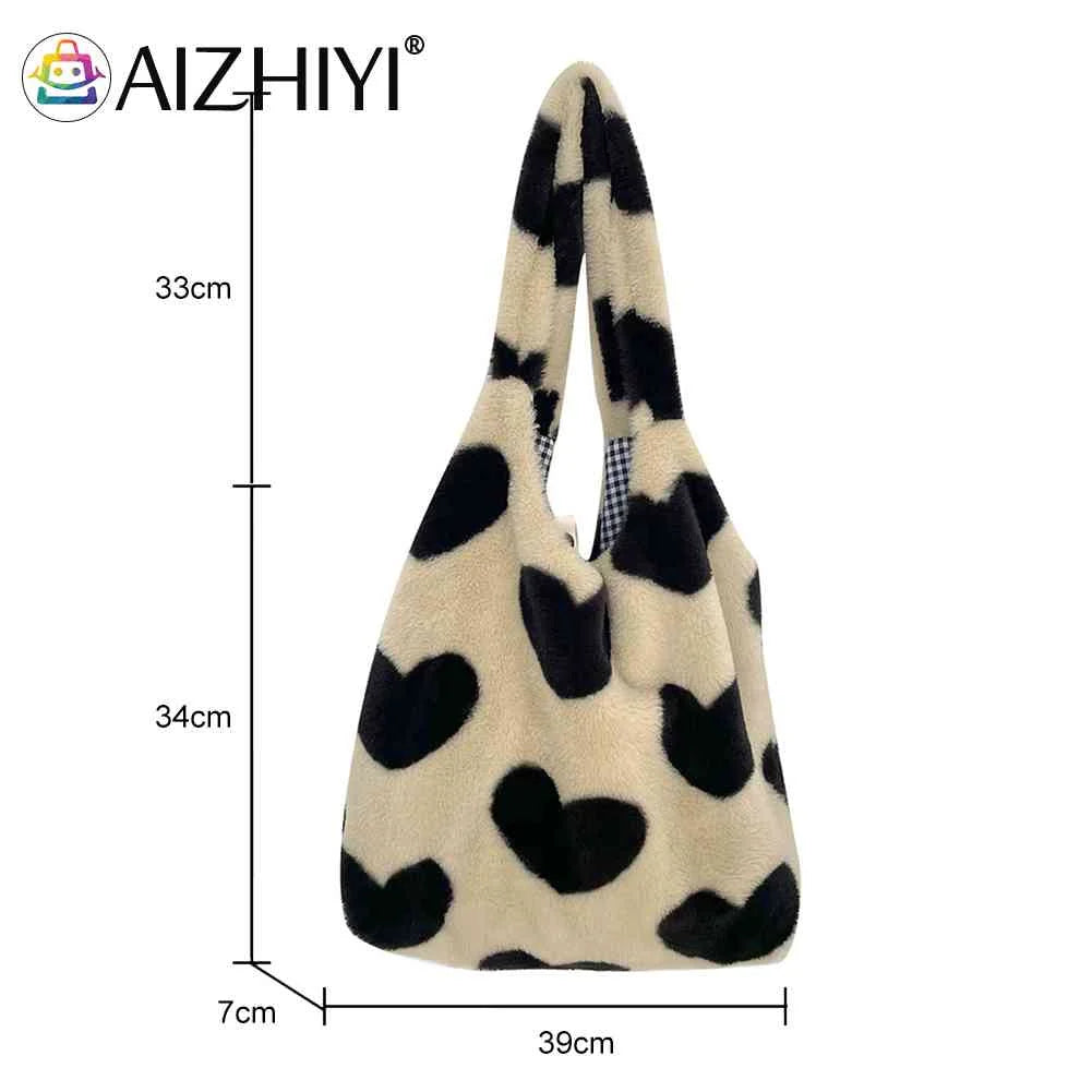 Winter Tote Bag Fluffy Sweet Love Heart Soft Plush Top-handle Purse