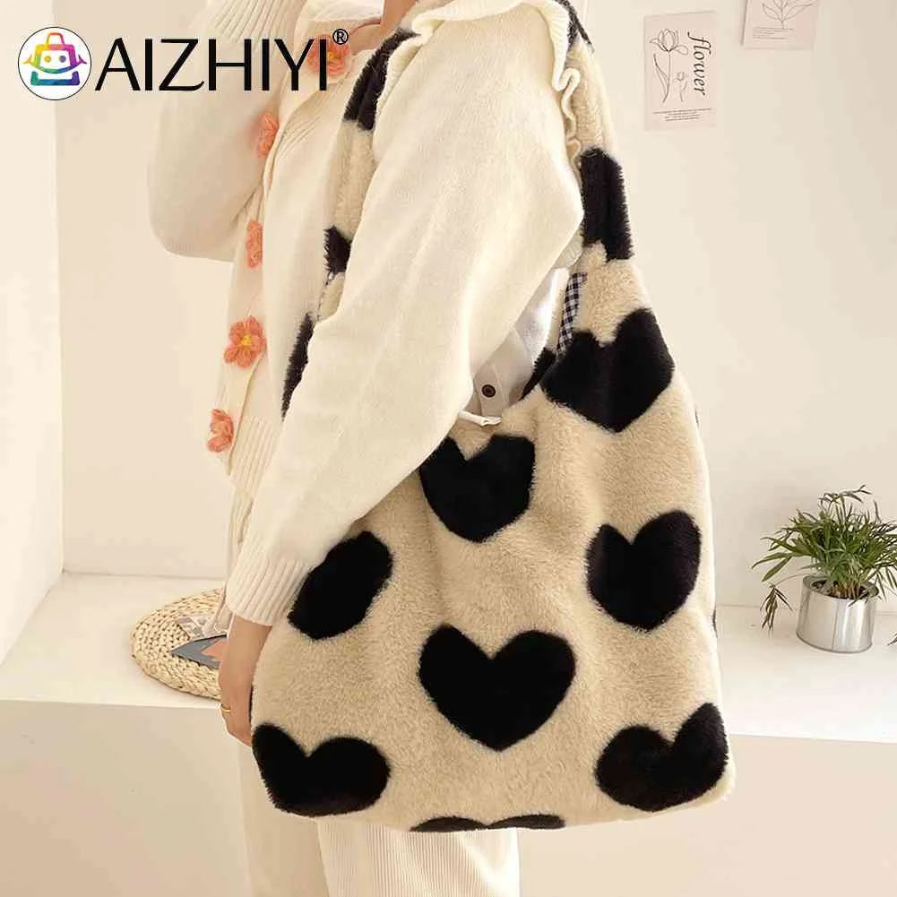 Winter Tote Bag Fluffy Sweet Love Heart Soft Plush Top-handle Purse