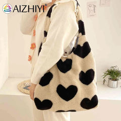 Winter Tote Bag Fluffy Sweet Love Heart Soft Plush Top-handle Purse