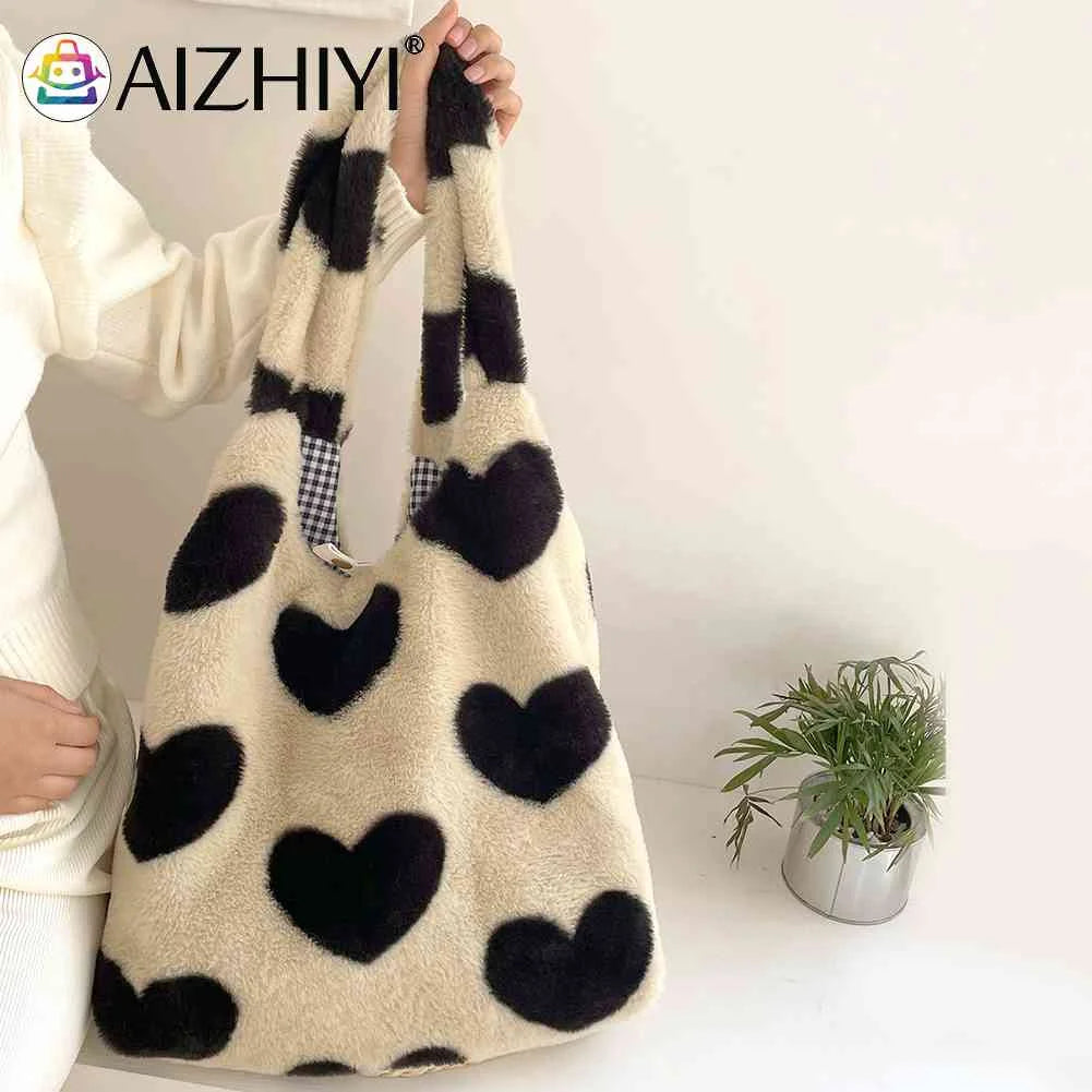 Winter Tote Bag Fluffy Sweet Love Heart Soft Plush Top-handle Purse
