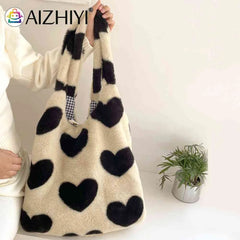 Winter Tote Bag Fluffy Sweet Love Heart Soft Plush Top-handle Purse