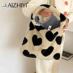 Winter Tote Bag Fluffy Sweet Love Heart Soft Plush Top-handle Purse