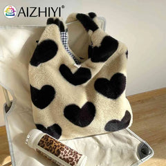Winter Tote Bag Fluffy Sweet Love Heart Soft Plush Top-handle Purse