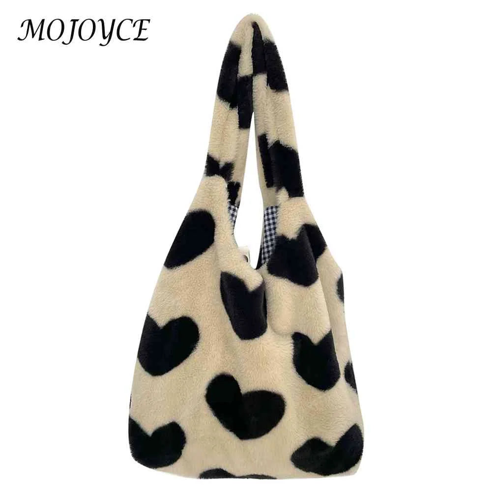 Winter Tote Handbags Large Capacity Plush Shopping Bag Love Heart Sweet Female P
