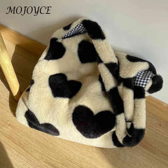 Winter Tote Handbags Large Capacity Plush Shopping Bag Love Heart Sweet Female P