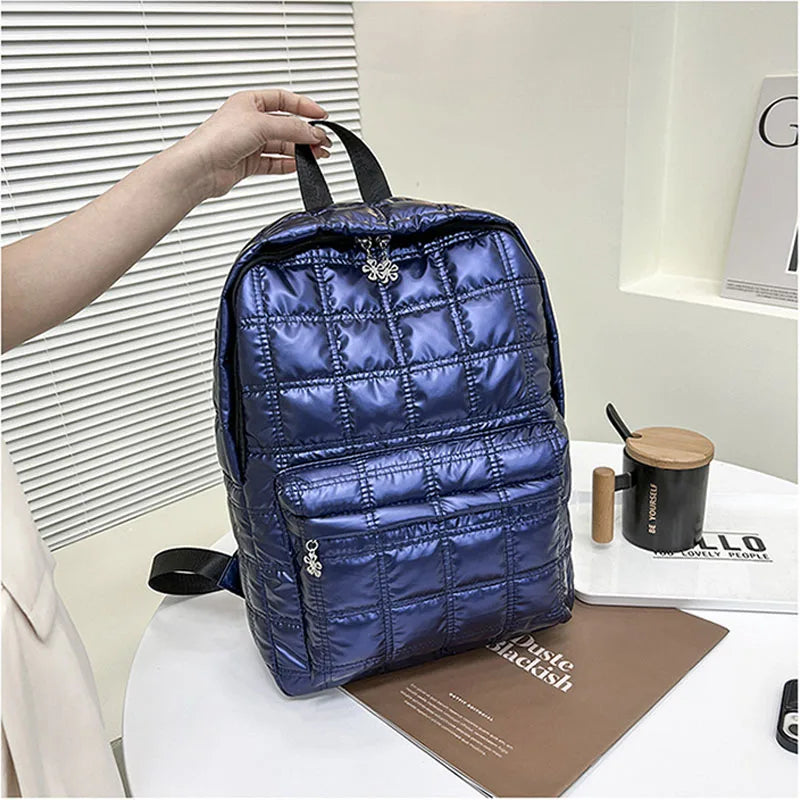 Winter Ultra Light Space Down Women's Backpack Quilted Plaid Female School Backp