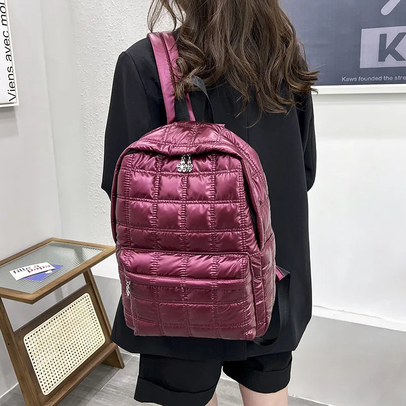 Winter Ultra Light Space Down Women's Backpack Quilted Plaid Female School Backp