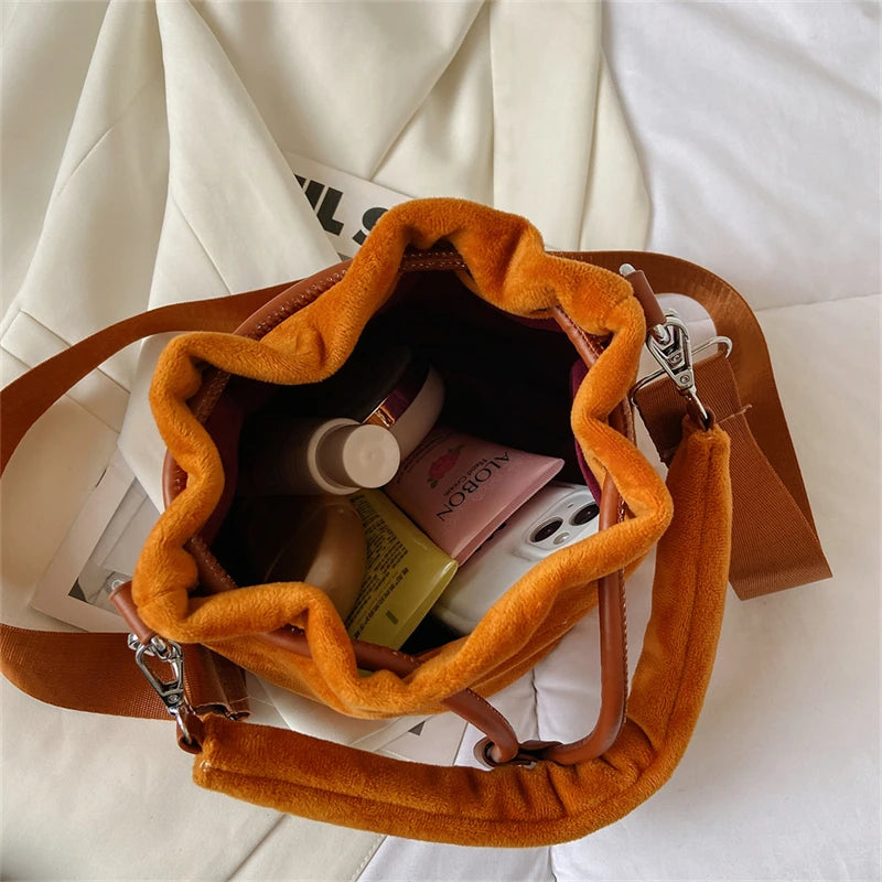 Winter Velvet Bucket Bags for Women Purses and Handbags Crossbody Bag